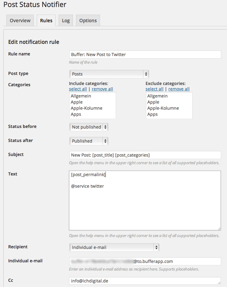 Example PSN rule for sharing posts with Twitter via Buffer